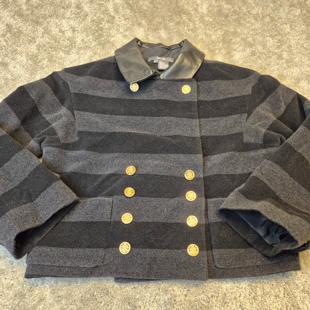 Per Se‎ Womens 100% Wool Striped Cropped Jacket Gold Crest Buttons Gray Size 8